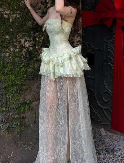 Beauty Prom Dress Light Green Strapless Slit Gala Gown Evening Dress Party Outfits      D5052
