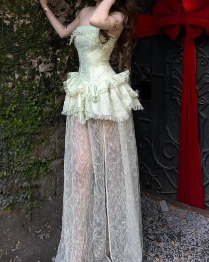 Beauty Prom Dress Light Green Strapless Slit Gala Gown Evening Dress Party Outfits      D5052