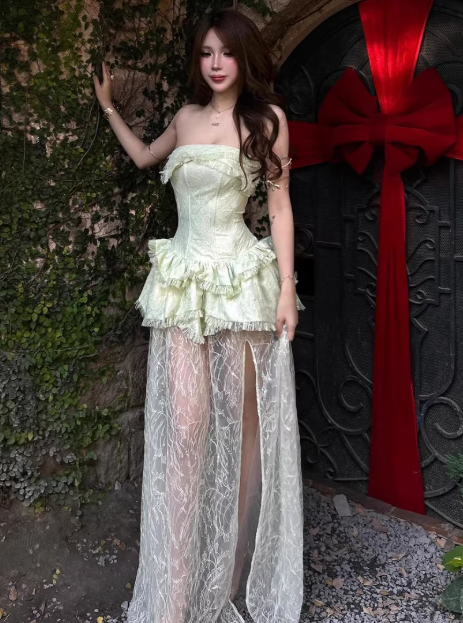 Beauty Prom Dress Light Green Strapless Slit Gala Gown Evening Dress Party Outfits      D5052