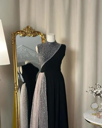 Black High Neck Sleeveless A-Line Long Formal Party Dress MD7488
