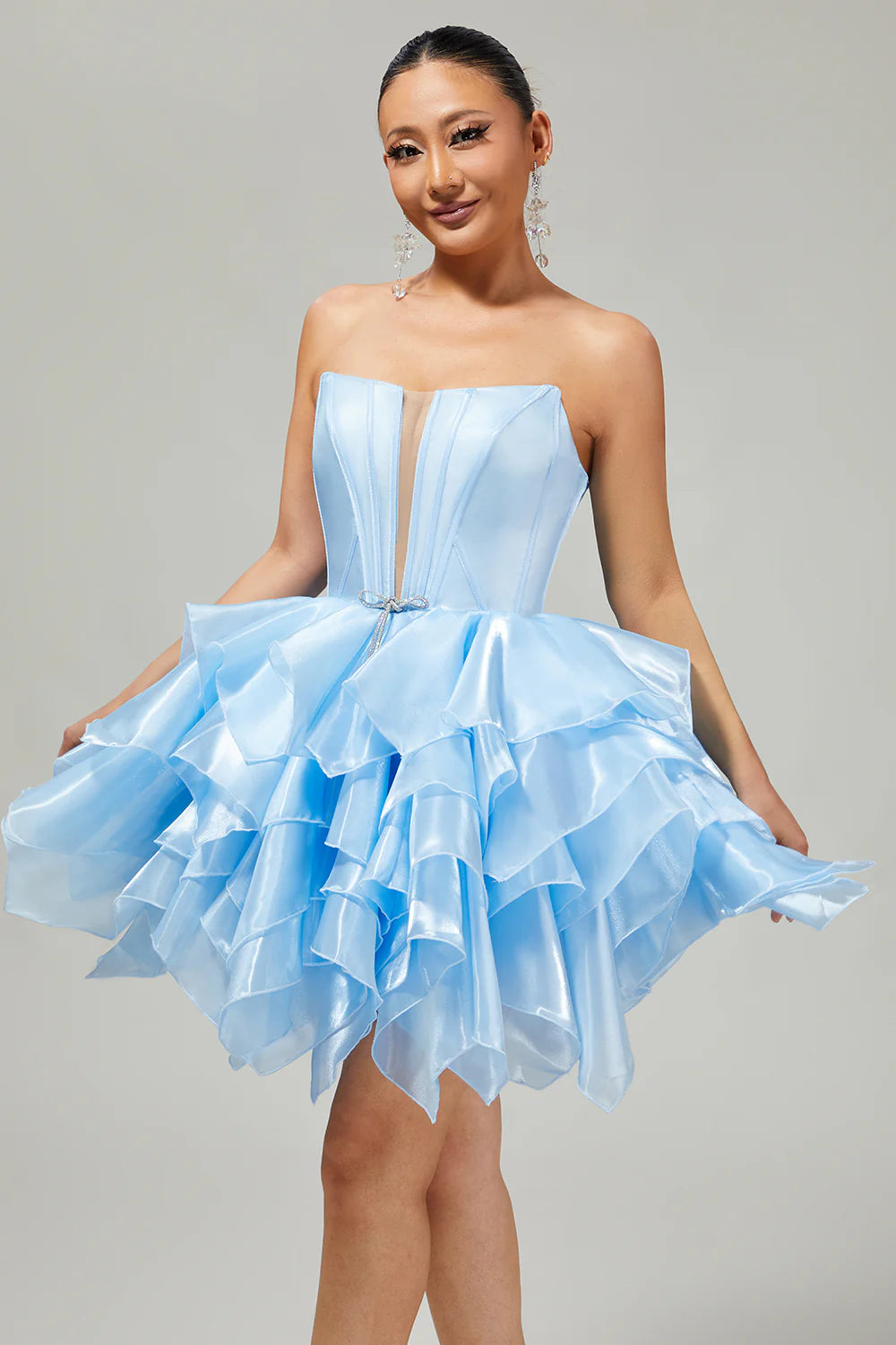 Unique Homecoming Dress Strapless Organza Cascade Bowknot Back to School Outfits Party Dress D7756