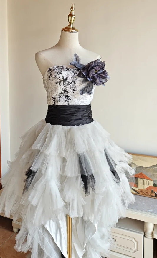 90s Retro Prom Dress Strapless Pleated Tulle Homecoming Dress Evening Dress Birthday Party Outfits     D5061