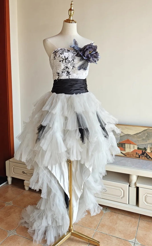 90s Retro Prom Dress Strapless Pleated Tulle Homecoming Dress Evening Dress Birthday Party Outfits     D5061