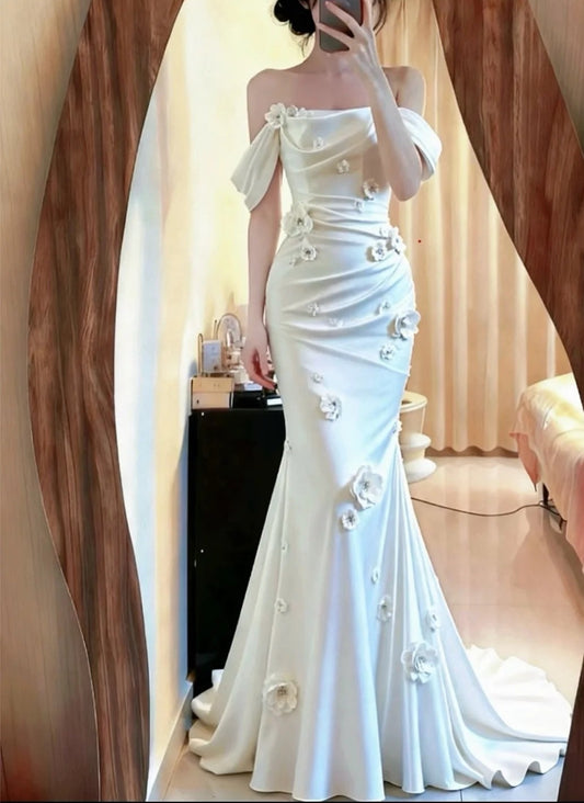 Elegant Wedding Dress Satin Off Shoulder Pleated Floral Mermaid Wedding Dress  D5080