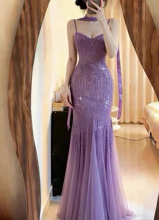 Sparkling Prom Dress Spaghetti Straps Pleated Mermaid Formal Gala Gown Graduation Outfits Evening Dress    D5087