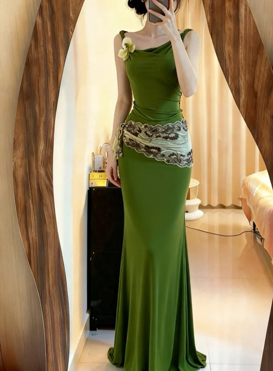 Elegant Prom Dress Fern Green Straps Pleated Mermaid Formal Gala Gown Evening Dress Party Outfits     D5088
