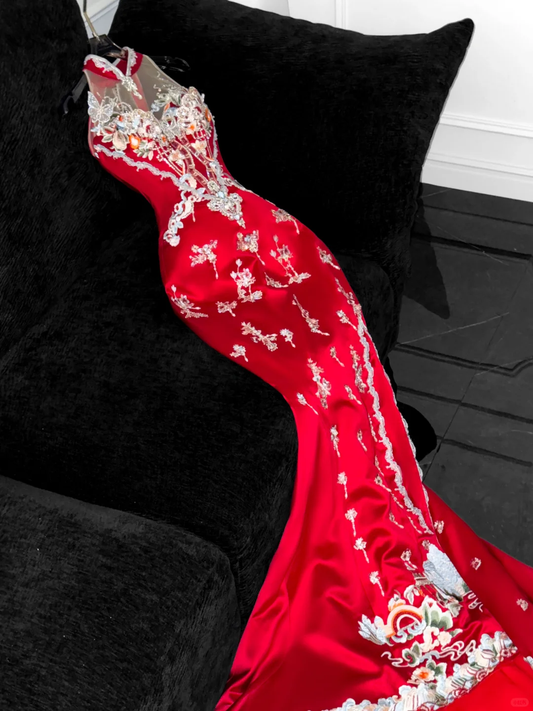 Gorgeous Sparkling Red Beaded Sequined Embroidery Design Elegant Mermaid Prom Dress Evening Dress D1698