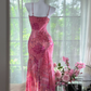 Retro Pink V-neck Floral Elegant Chiffon Evening Dress Prom Dresses D1612