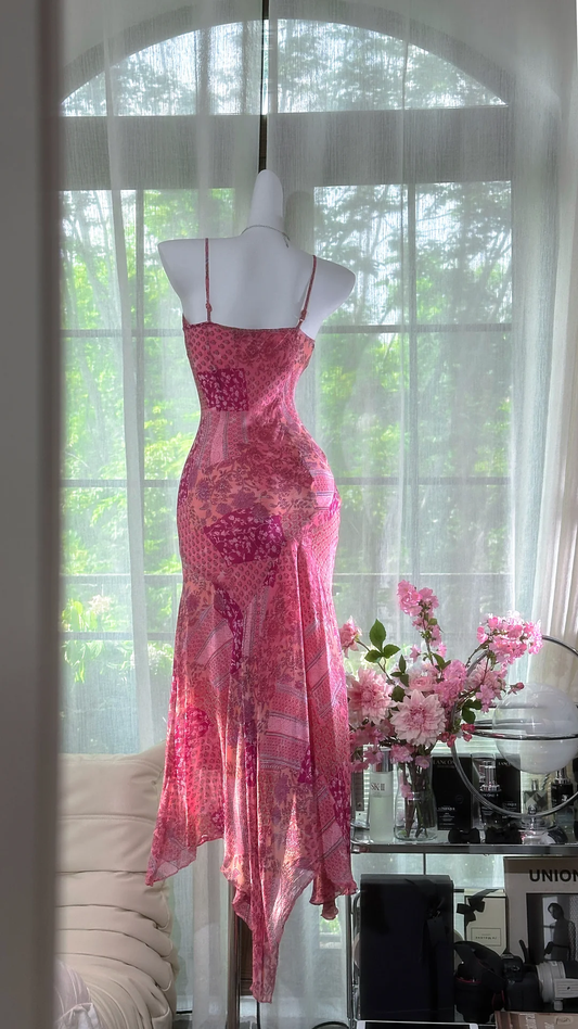 Retro Pink V-neck Floral Elegant Chiffon Evening Dress Prom Dresses D1612