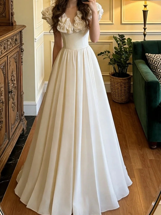 Pretty Prom Dress White A Line V-neck Pleated Gala Gown Formal Evening Dress Graduation Outfits     D5111