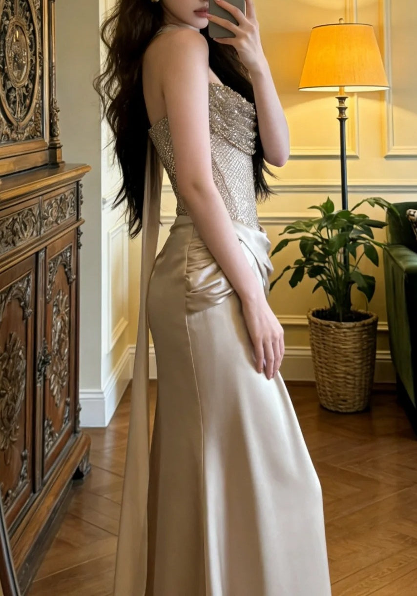 Shiny Prom Dress Strapless Pleated Formal Gala Gown Evening Dress Party Outfits     D5125