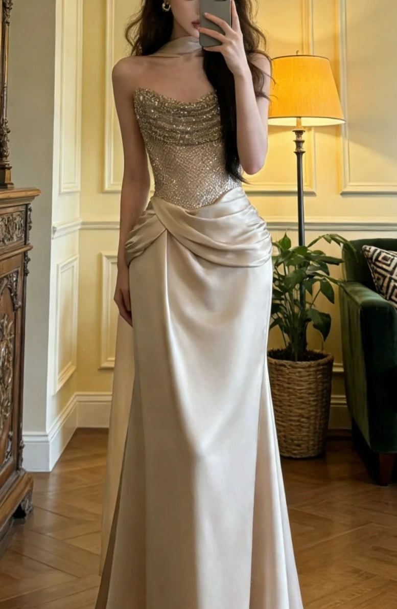 Shiny Prom Dress Strapless Pleated Formal Gala Gown Evening Dress Party Outfits     D5125