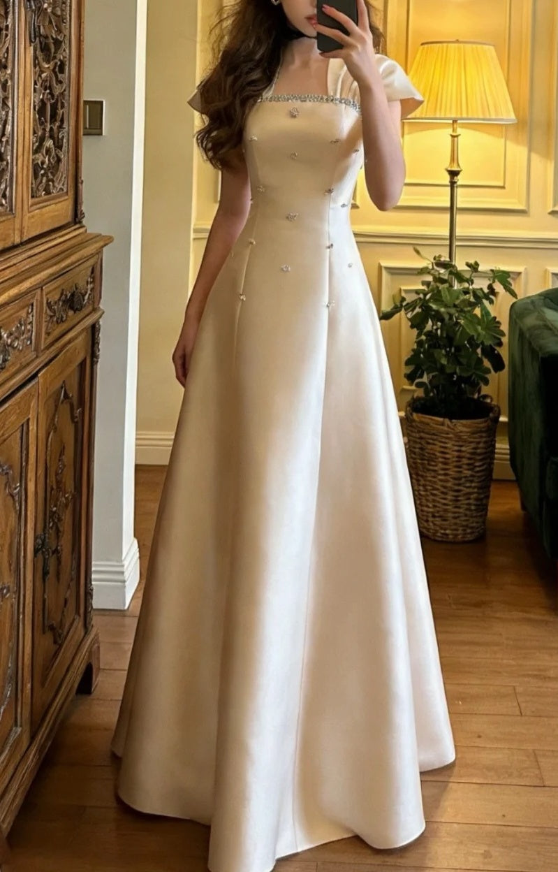 Elegant Prom Dress A Line Square Neck Beading Formal Outfits Gala Gown Evening Dress      D5128