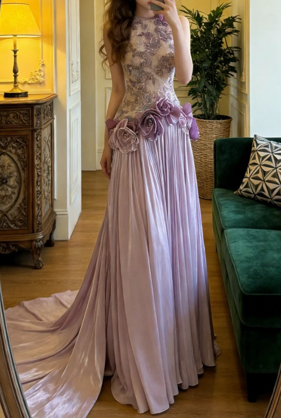 Charming Prom Dress Light Purple Crew Neck Pleated Gala Gown Formal Outfits Evening Dress Graduation Dress      D5131