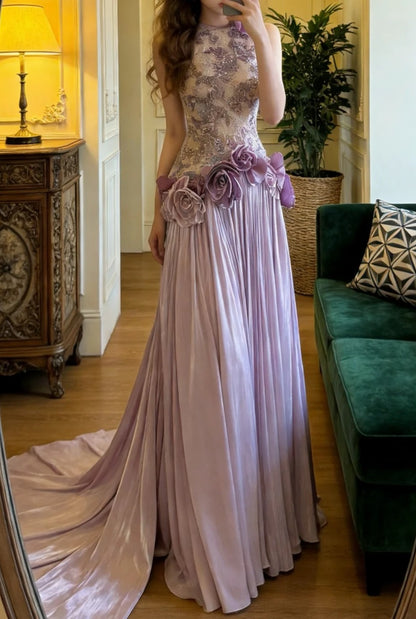 Charming Prom Dress Light Purple Crew Neck Pleated Gala Gown Formal Outfits Evening Dress Graduation Dress      D5131