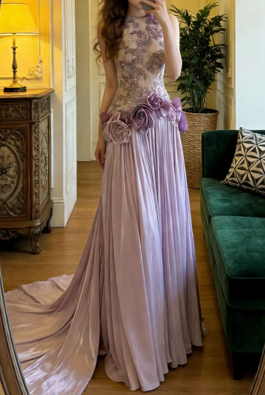 Charming Prom Dress Light Purple Crew Neck Pleated Gala Gown Formal Outfits Evening Dress Graduation Dress      D5131