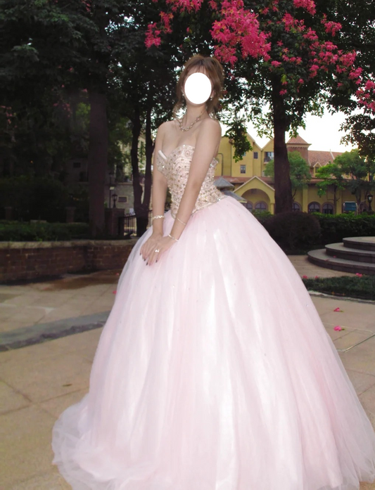 Sparkling Ball Gown Light Pink Sweetheart Tulle Evening Dress Quinceanera Dress 18th Birthday Prom Gown       D5135