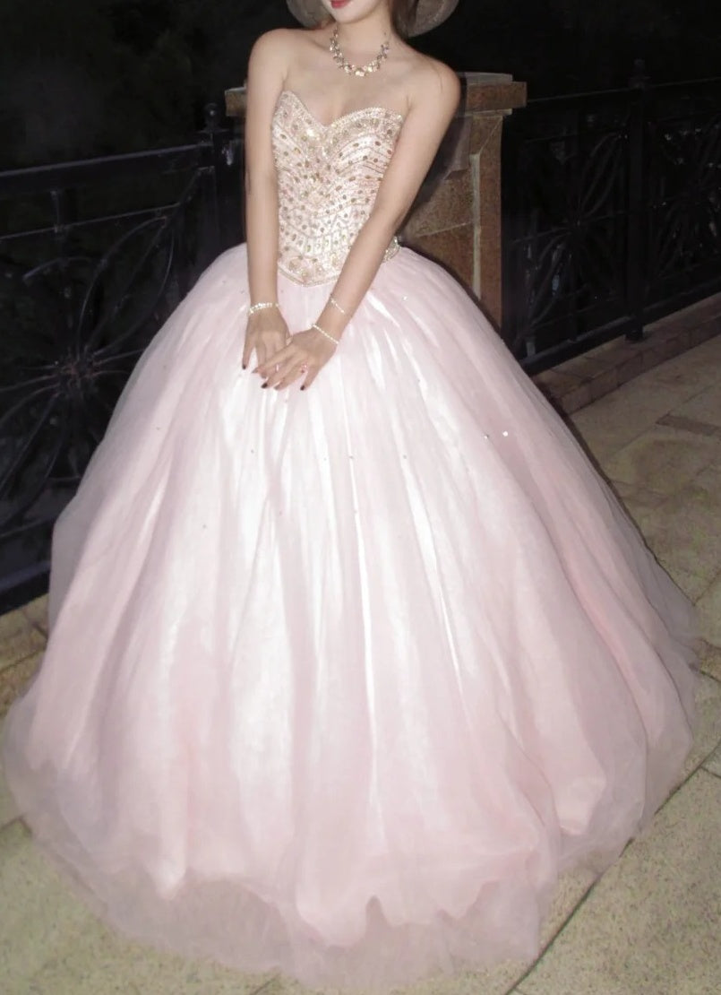 Sparkling Ball Gown Light Pink Sweetheart Tulle Evening Dress Quinceanera Dress 18th Birthday Prom Gown       D5135