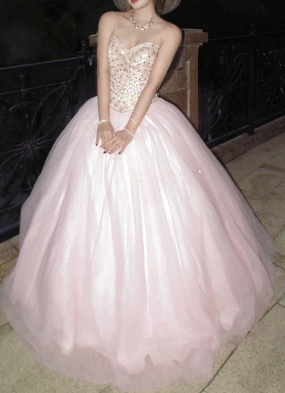 Sparkling Ball Gown Light Pink Sweetheart Tulle Evening Dress Quinceanera Dress 18th Birthday Prom Gown       D5135