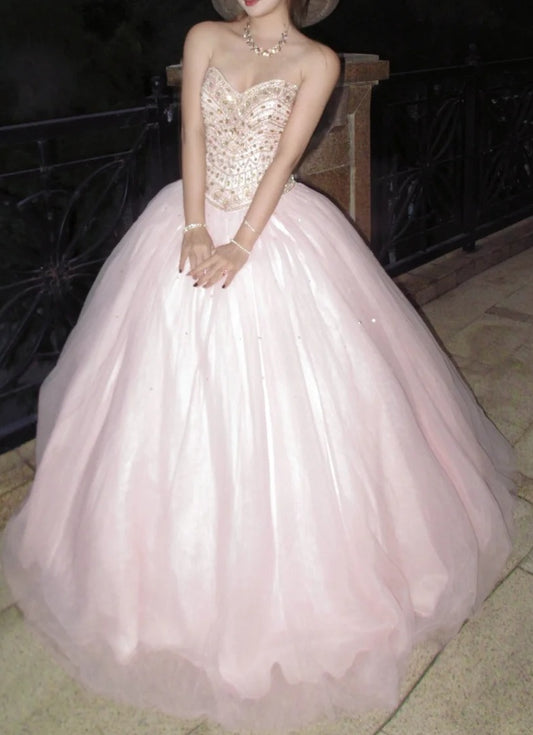 Sparkling Ball Gown Light Pink Sweetheart Tulle Evening Dress Quinceanera Dress 18th Birthday Prom Gown       D5135