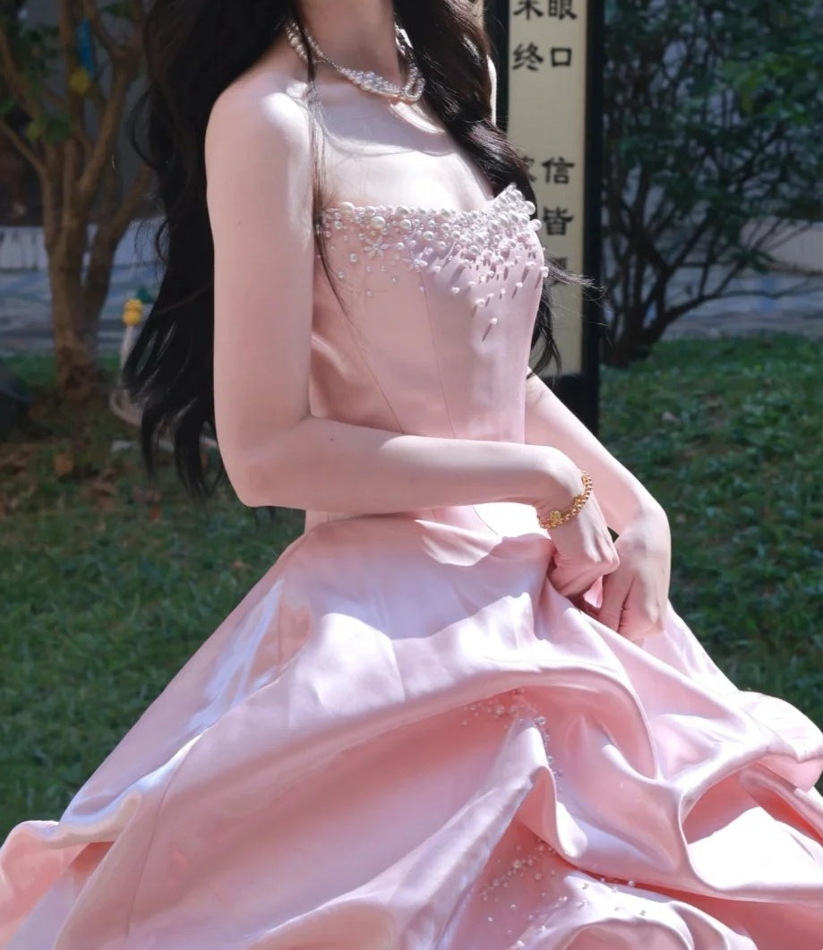 Pretty Ball Gown Light Pink Strapless Beading Pleated Evening Dress Quinceanera Dress 18th Birthday Prom Gown       D5136