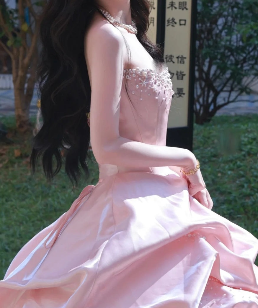 Pretty Ball Gown Light Pink Strapless Beading Pleated Evening Dress Quinceanera Dress 18th Birthday Prom Gown       D5136