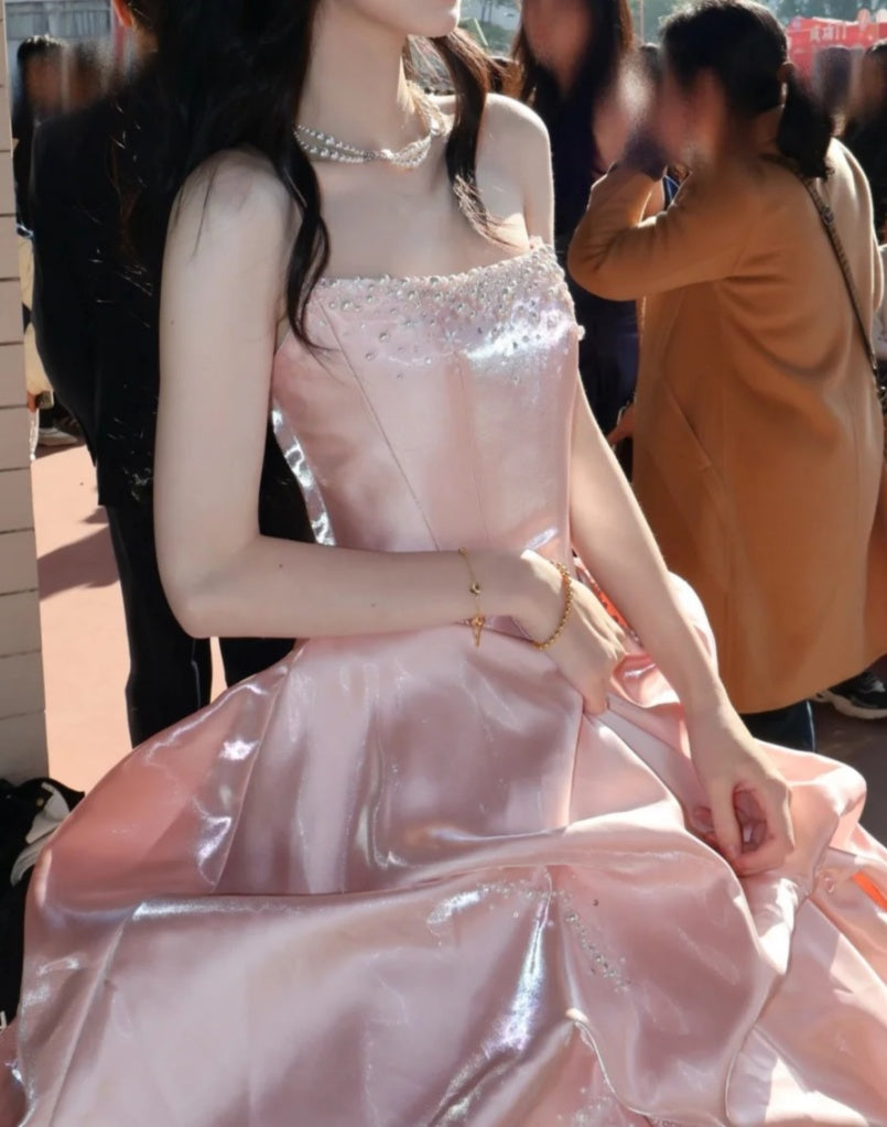 Pretty Ball Gown Light Pink Strapless Beading Pleated Evening Dress Quinceanera Dress 18th Birthday Prom Gown       D5136