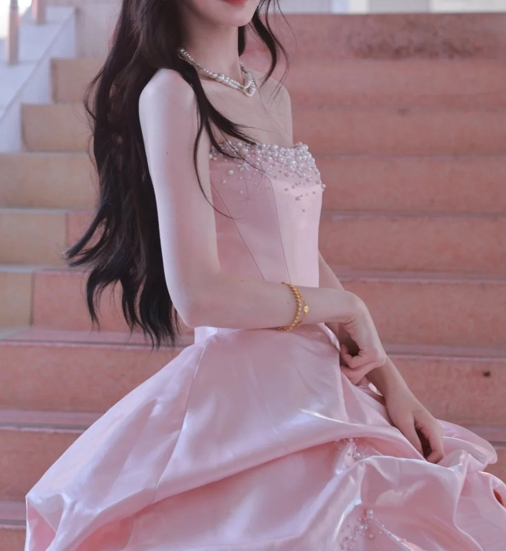 Pretty Ball Gown Light Pink Strapless Beading Pleated Evening Dress Quinceanera Dress 18th Birthday Prom Gown       D5136