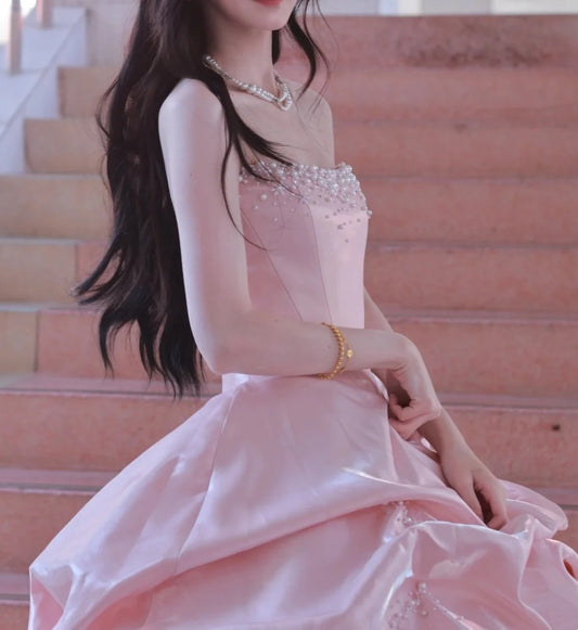 Pretty Ball Gown Light Pink Strapless Beading Pleated Evening Dress Quinceanera Dress 18th Birthday Prom Gown       D5136