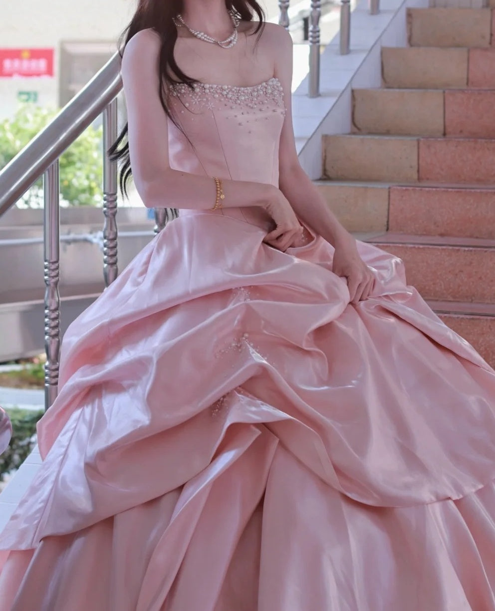 Pretty Ball Gown Light Pink Strapless Beading Pleated Evening Dress Quinceanera Dress 18th Birthday Prom Gown       D5136