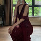 90s Shiny Prom Dress Wine Red V-neck Gala Gown Evening Dress Birthday Party Outfits     D5139