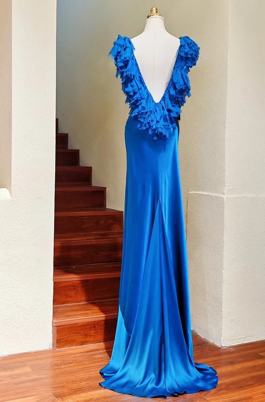 Elegant Prom Dress Satin Blue V-neck Backless Gala Gown Evening Dress Birthday Party Outfits     D5151