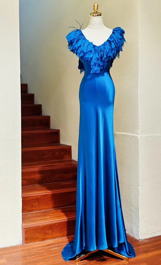 Elegant Prom Dress Satin Blue V-neck Backless Gala Gown Evening Dress Birthday Party Outfits     D5151
