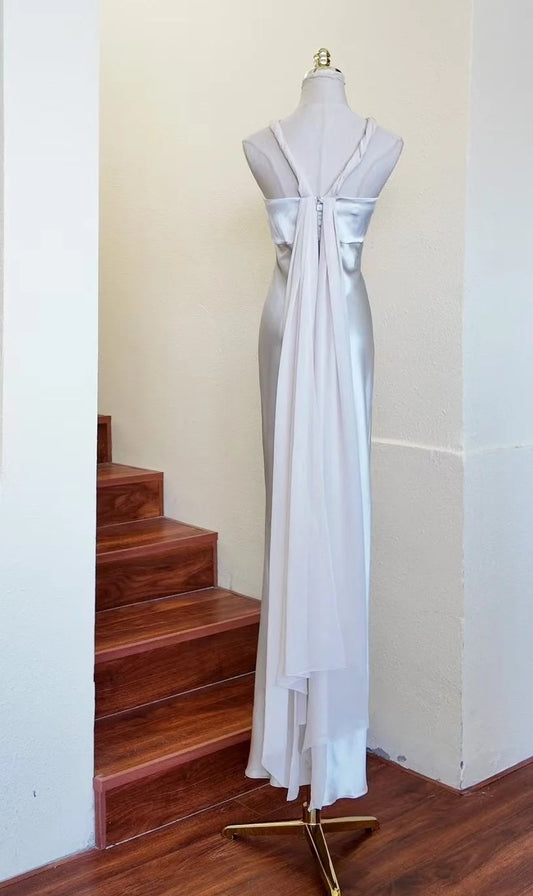 Elegant Prom Dress Satin Sliver V-neck Backless Gala Gown Evening Dress Birthday Party Outfits     D5152