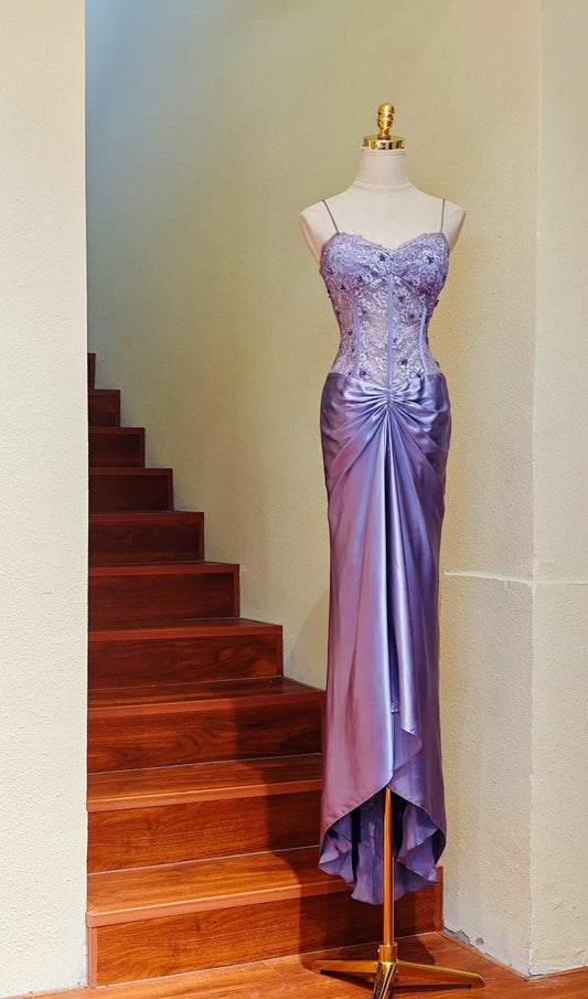 Beauty Prom Dress Satin Spaghetti Straps Pleated Gala Gown Evening Dress Birthday Party Outfits     D5153