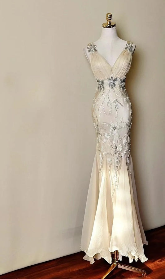 Elegant Prom Dress V-neck Beading Mermaid Gala Gown Evening Dress Birthday Party Outfits     D5154