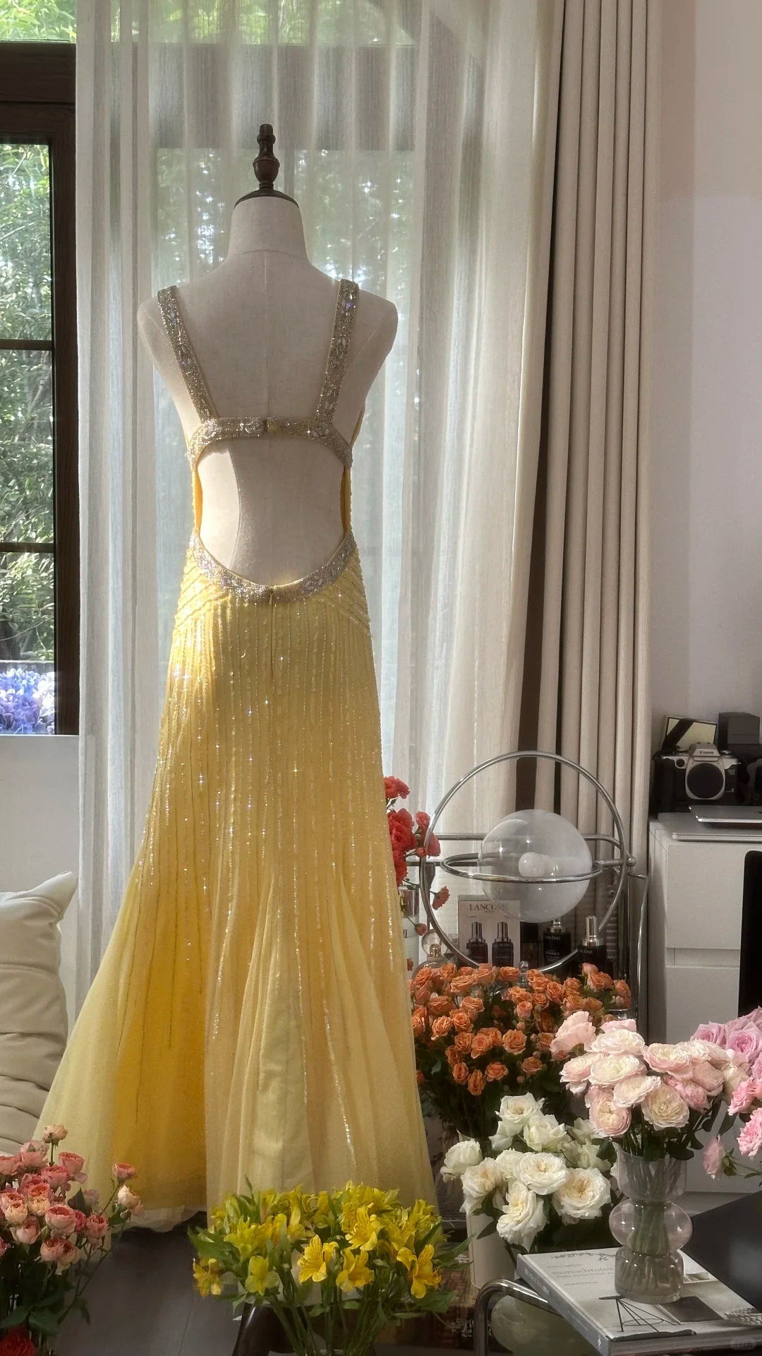 Retro Yellow Shinny Backless Design A-line Elegant Chiffon Evening Dress Prom Dress D1482