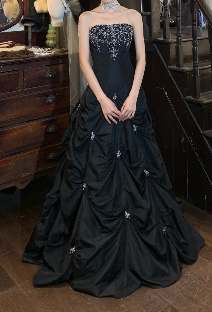 Chic Prom Dress Black Strapless Pleated Gala Gown Evening Dress Graduation Dress     D5164