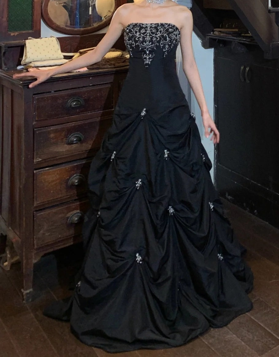 Chic Prom Dress Black Strapless Pleated Gala Gown Evening Dress Graduation Dress     D5164