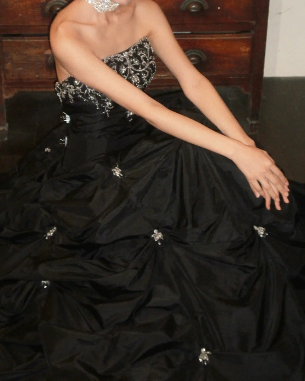 Chic Prom Dress Black Strapless Pleated Gala Gown Evening Dress Graduation Dress     D5164