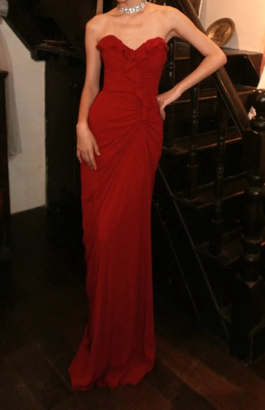 Chic Prom Dress Brick Red Sweetheart Pleated Gala Gown Fomal Evening Dress Graduation Dress     D5171