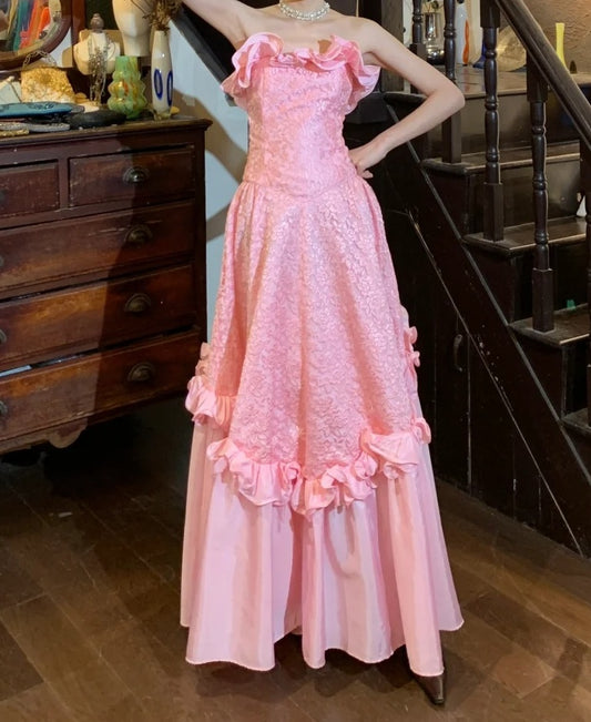 Beauty Prom Dress A Line Pink Strapless Ruffle Gala Gown Fomal Evening Dress Graduation Dress     D5196