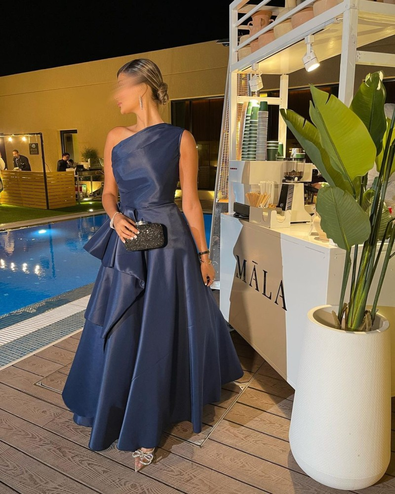 Navy Blue One Shoulder A-Line Satin Long Formal Evening Party Dress MD7824