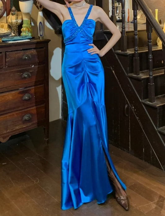 Stunning Prom Dress Royal Blue V-neck Pleated Mermaid Gala Gown Formal Evening Dress 18th Birthday Party Dress    D5200