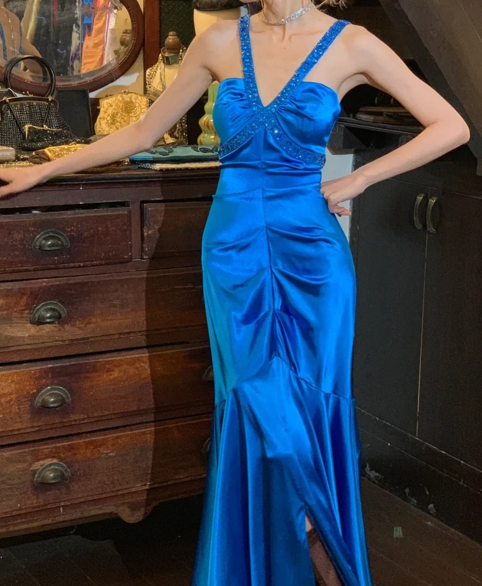 Stunning Prom Dress Royal Blue V-neck Pleated Mermaid Gala Gown Formal Evening Dress 18th Birthday Party Dress    D5200