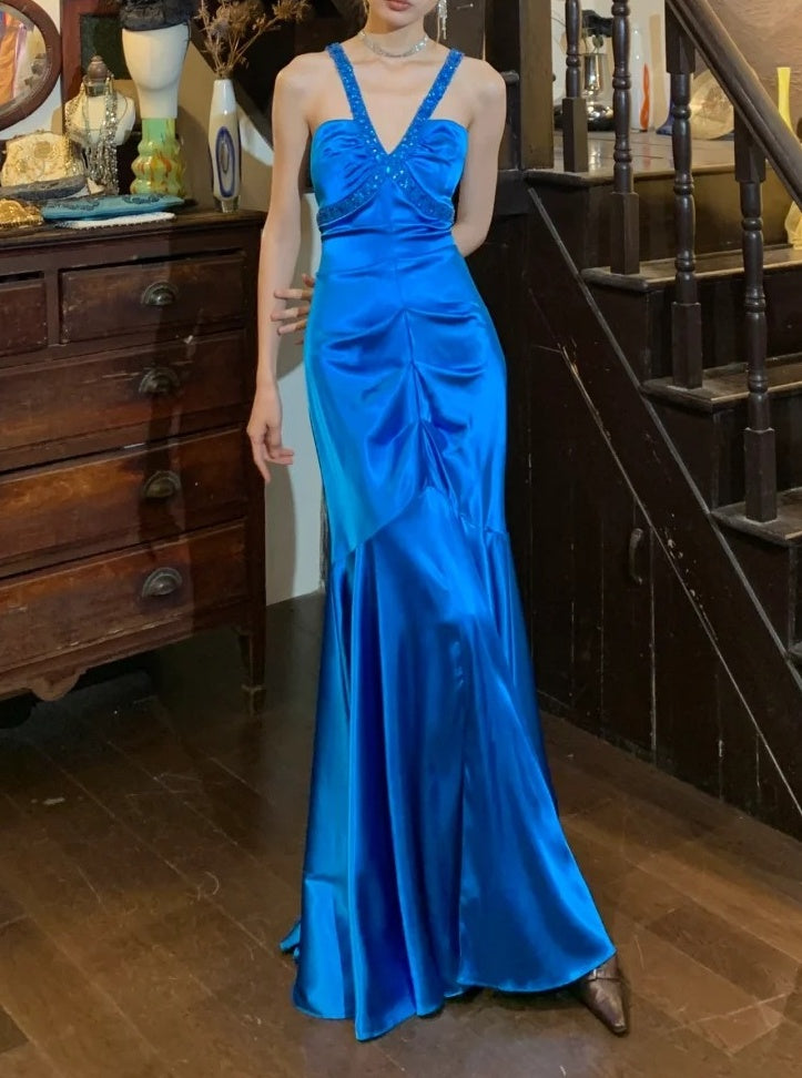 Stunning Prom Dress Royal Blue V-neck Pleated Mermaid Gala Gown Formal Evening Dress 18th Birthday Party Dress    D5200