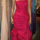 Elegant Prom Dress Rose Red Strapless Pleated Mermaid Gala Gown Formal Evening Dress Graduation Dress    D5203