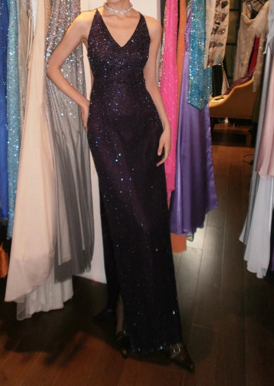 Shiny Prom Dress Black V-neck Gala Gown Formal Evening Dress 18th Birthday Party Dress    D5204