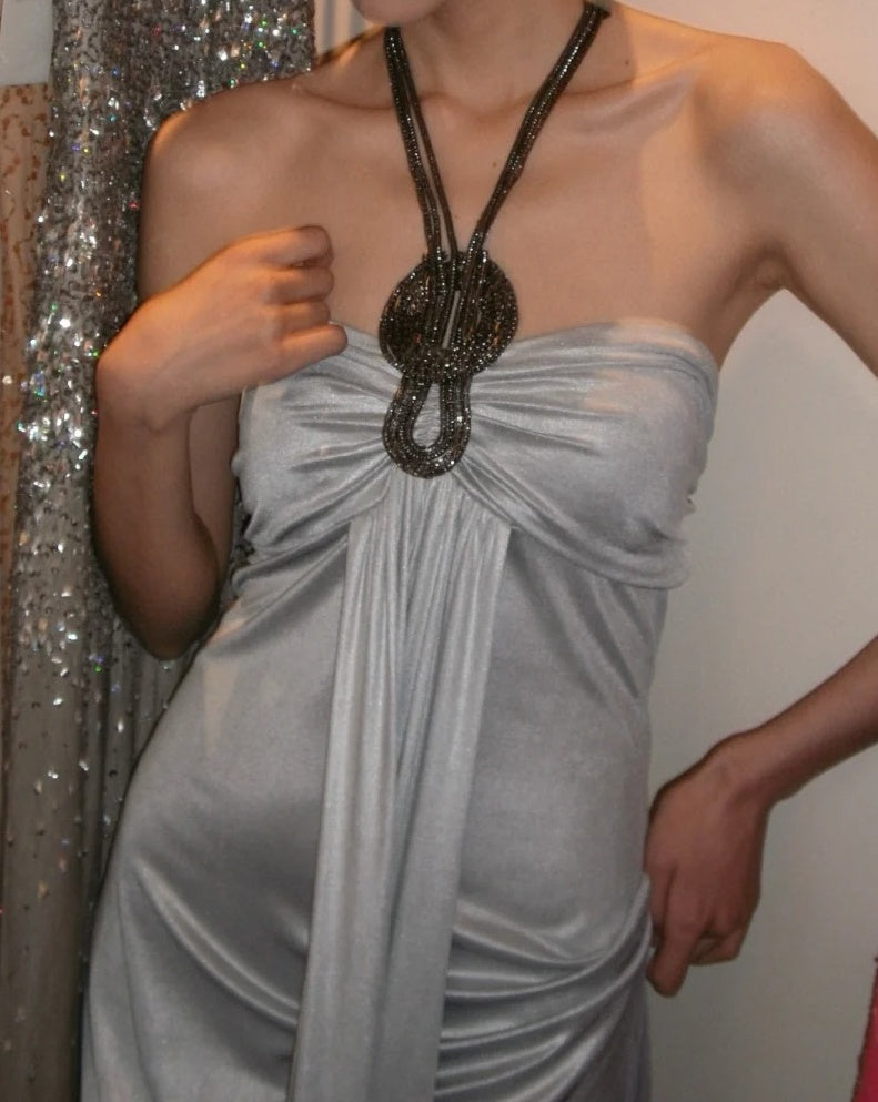 Elegant Prom Dress Grey Halter Pleated Gala Gown Formal Evening Dress 18th Birthday Party Dress    D5205