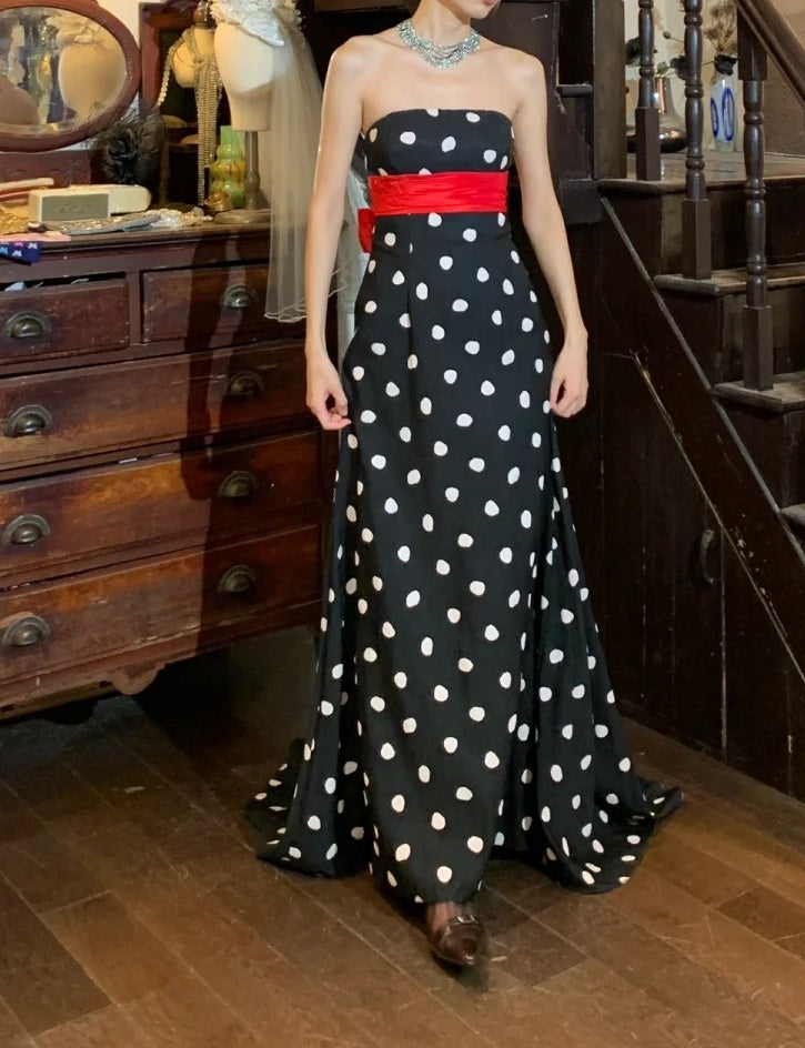 Beauty Prom Dress A Line Strapless Polka Dots Gala Gown Formal Evening Dress 18th Graduation Dress    D5210